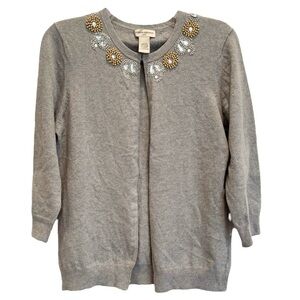 Banana Republic Large Gray Cashmere Blend Beaded Rhinestone Cardigan 3/4 Sleeves